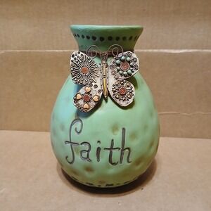 Green Pottery Vase Spiritual "Faith" Flower  Pot Butterfly Home Decor